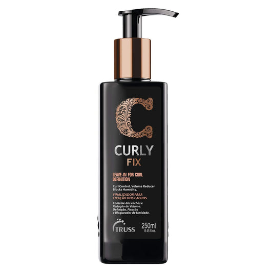 TRUSS Curly Fix bottle on shelf for defined curls and frizz control.