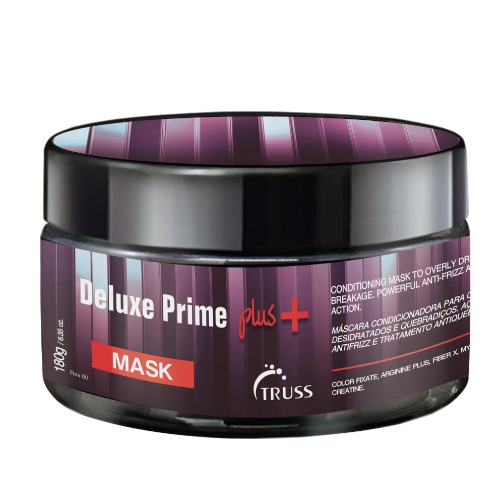 TRUSS Deluxe Prime Mask bottle close-up showing hydrating formula for dry hair.