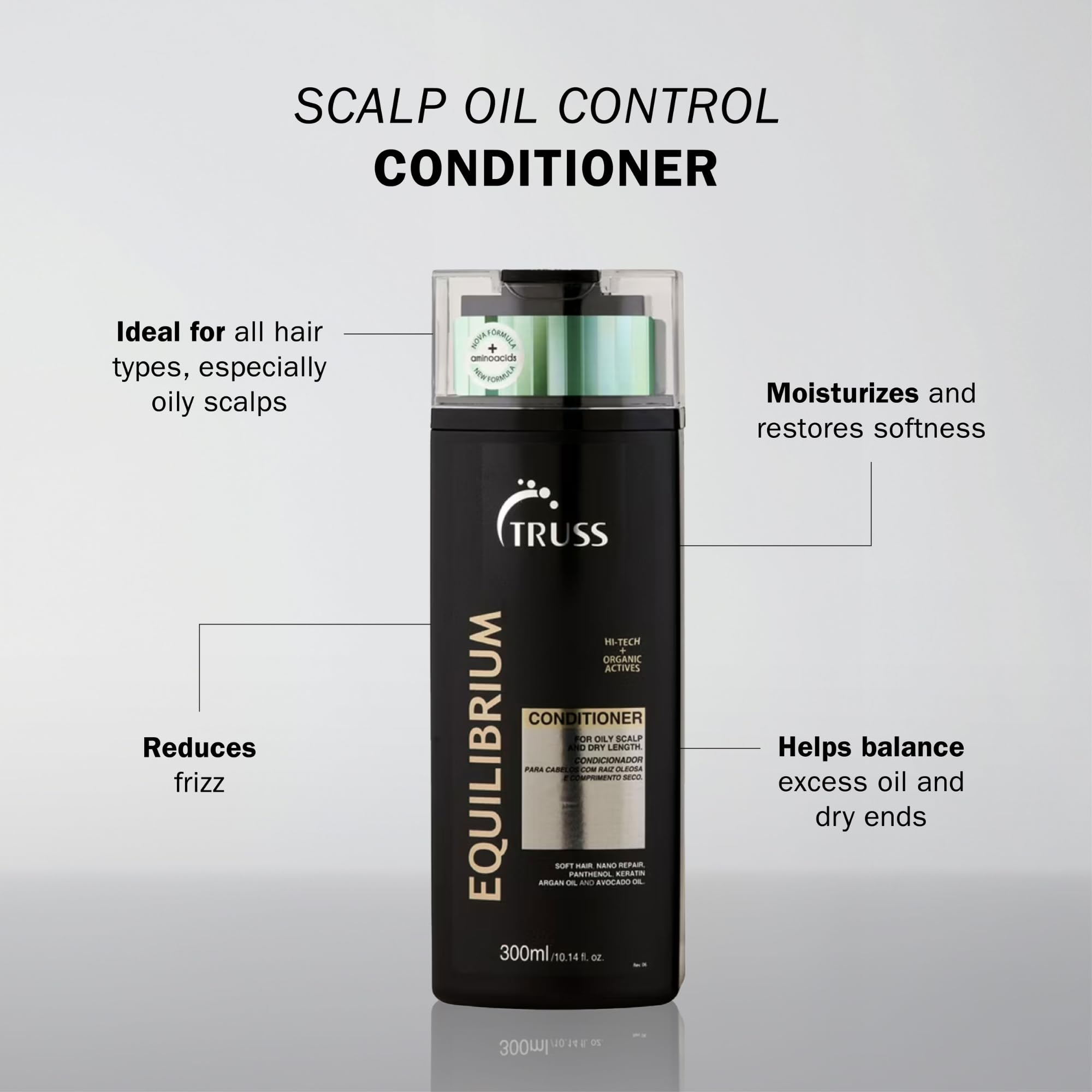 TRUSS Equilibrium conditioner back label highlights keratin and argan oil benefits.