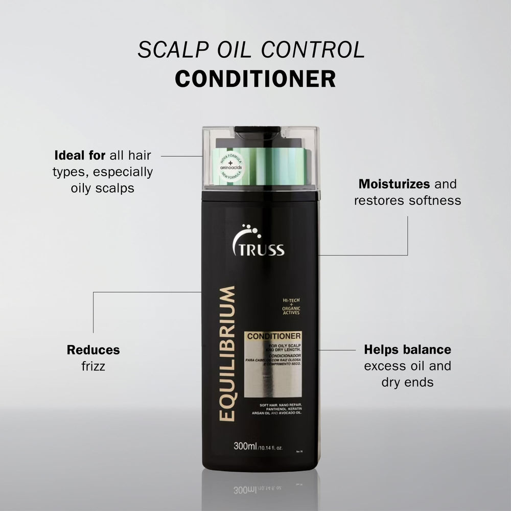 TRUSS Equilibrium conditioner back label highlights keratin and argan oil benefits.