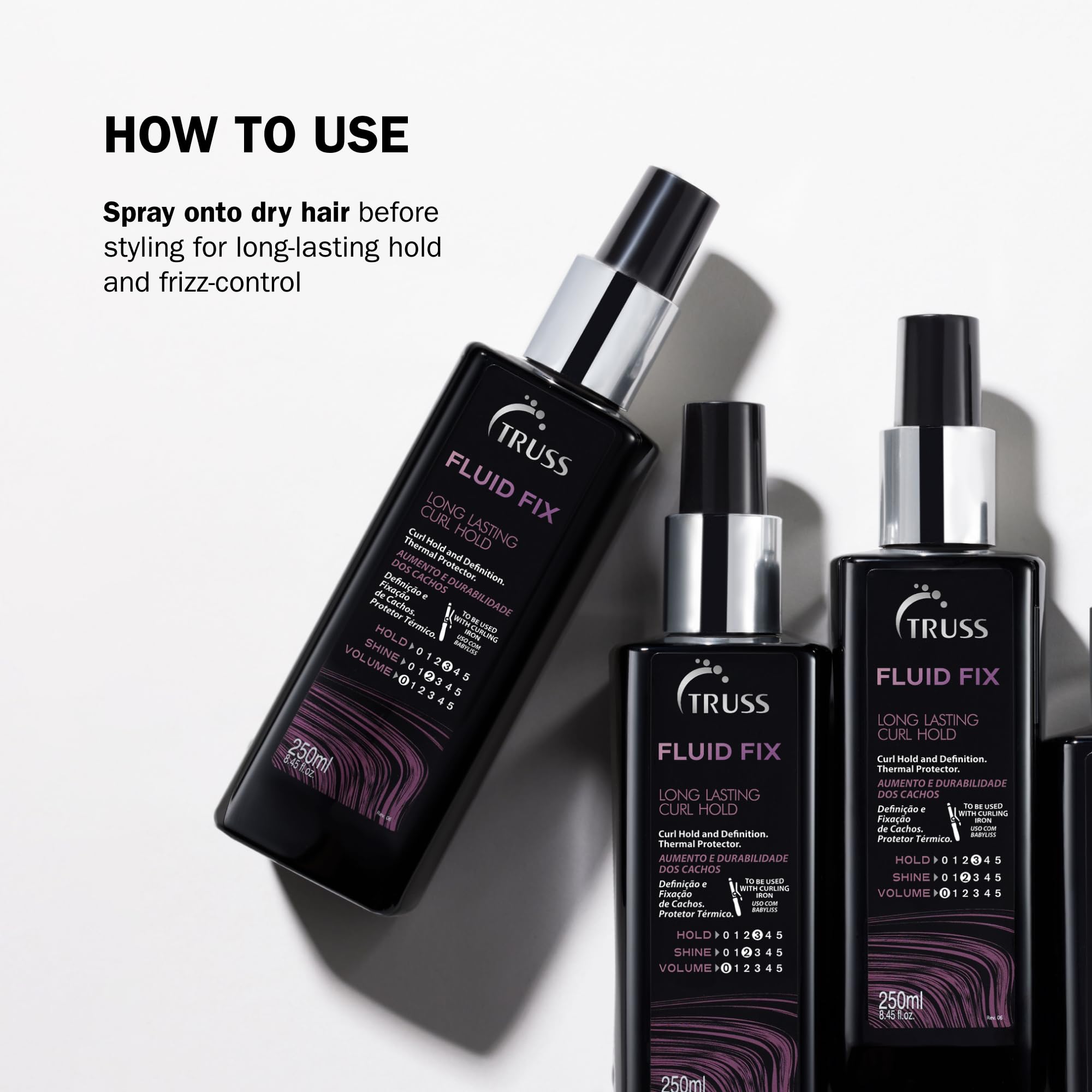 TRUSS Fluid Fix anti-frizz mist smooths flyaways for a polished finish.