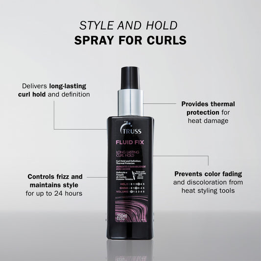 TRUSS Fluid Fix root-volume spray lifts and textures for bouncy styles.