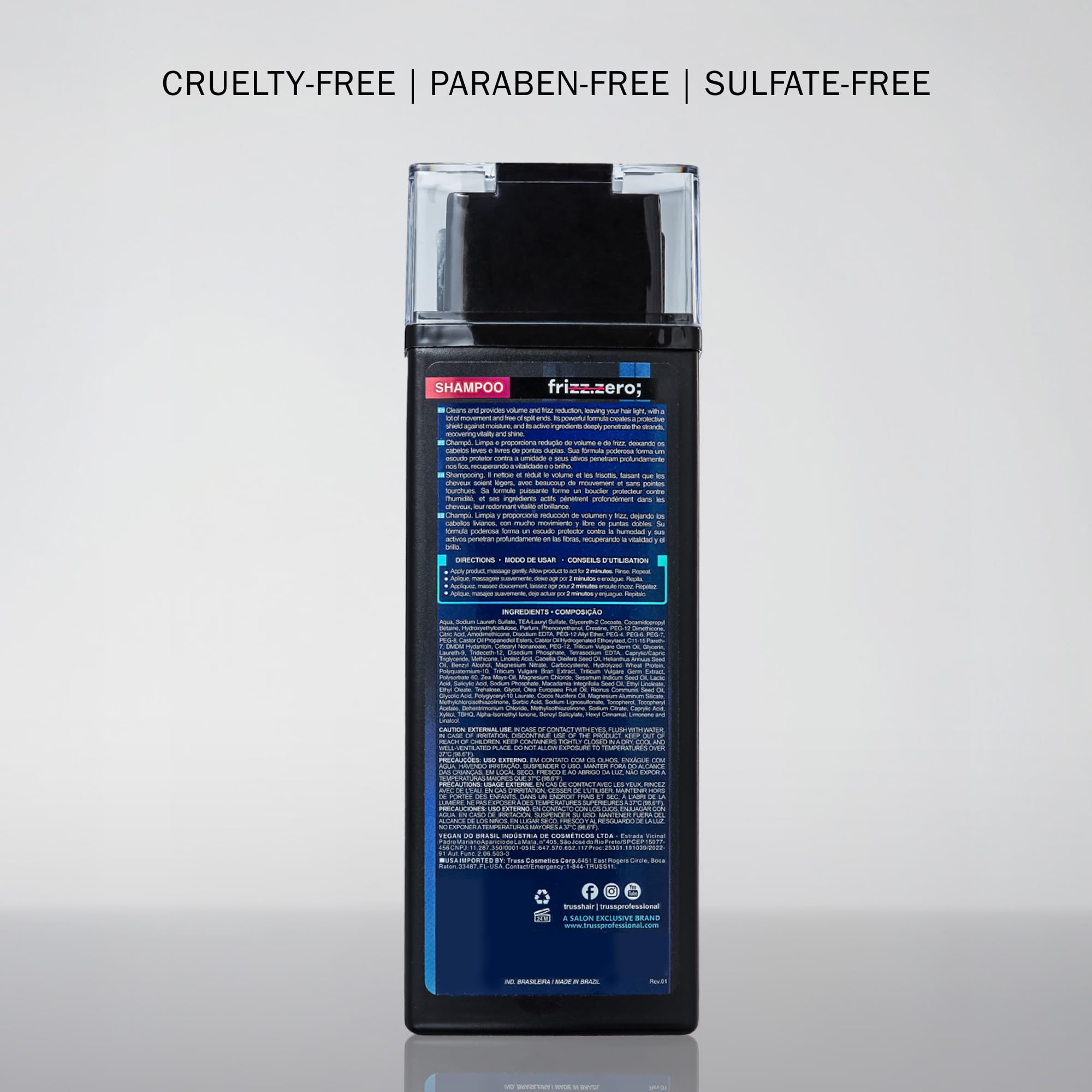 TRUSS Frizz Zero Shampoo packaging shown as eco-friendly