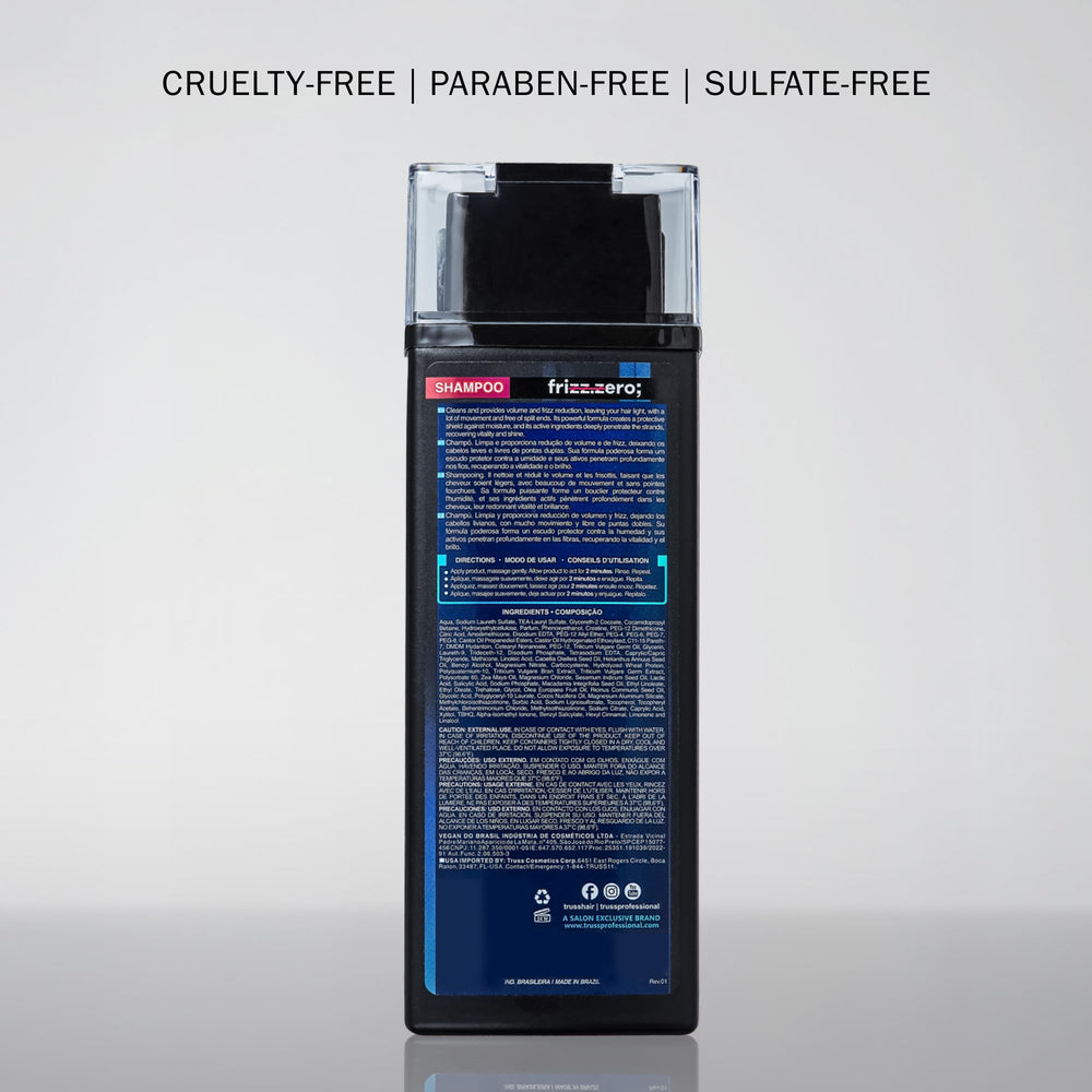TRUSS Frizz Zero Shampoo packaging shown as eco-friendly