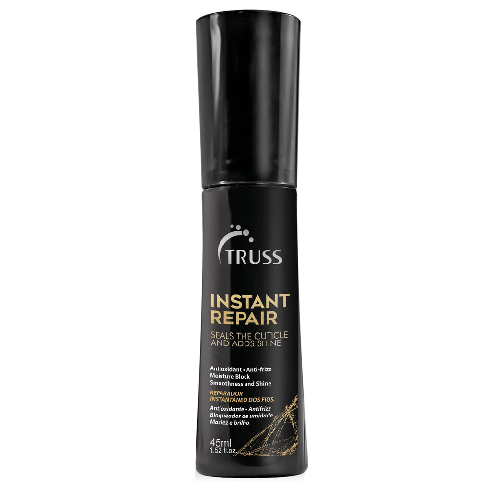 TRUSS Instant Repair Serum bottle shows a leave-in formula for sealing split ends and adding shine.