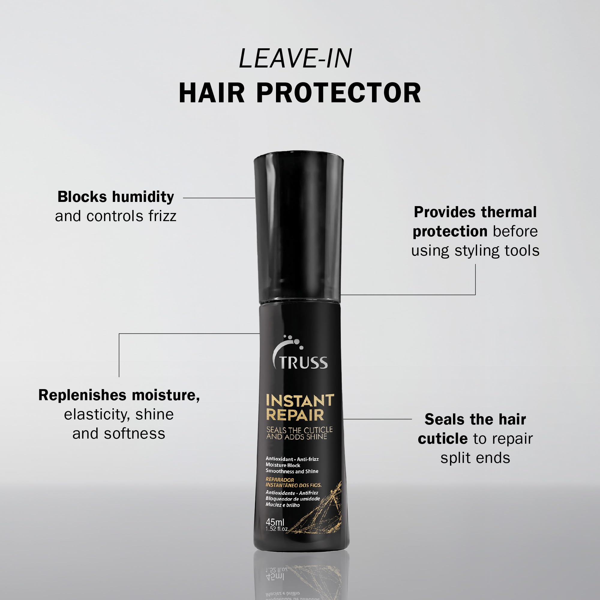 TRUSS Instant Repair Serum dispense demonstrates easy application for targeted treatment at mid-lengths.