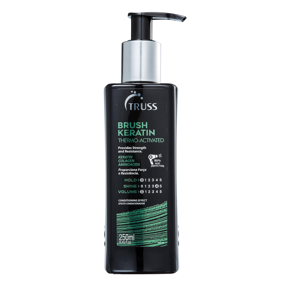 TRUSS Keratin Hair Treatment bottle on vanity showing simple frizz control solution