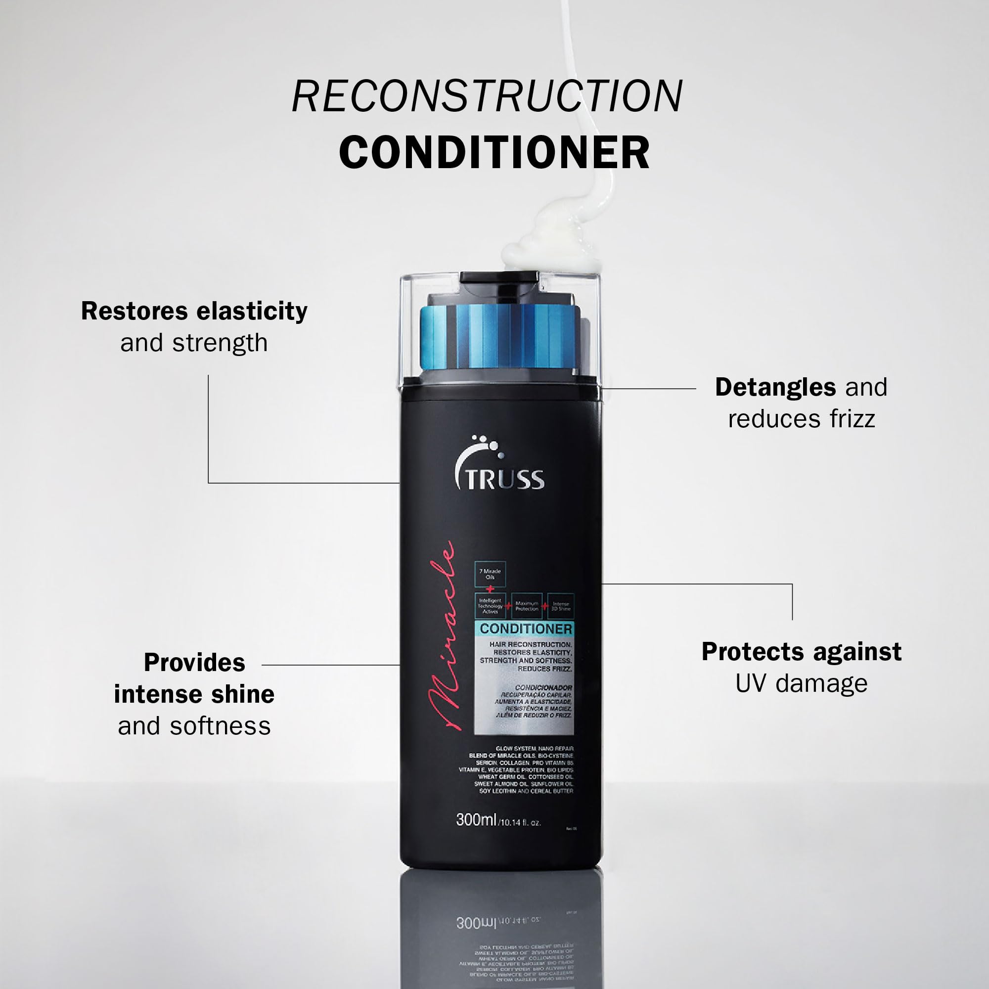 TRUSS Miracle Hair Conditioner bottle closeup displaying creamy texture and frizz control benefits