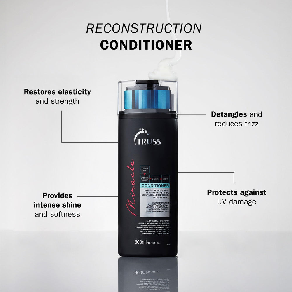 TRUSS Miracle Hair Conditioner bottle closeup displaying creamy texture and frizz control benefits