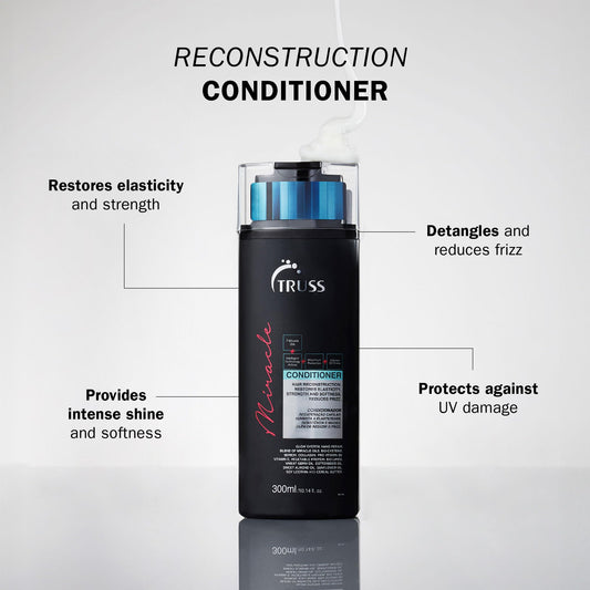 TRUSS Miracle Hair Conditioner bottle closeup displaying creamy texture and frizz control benefits