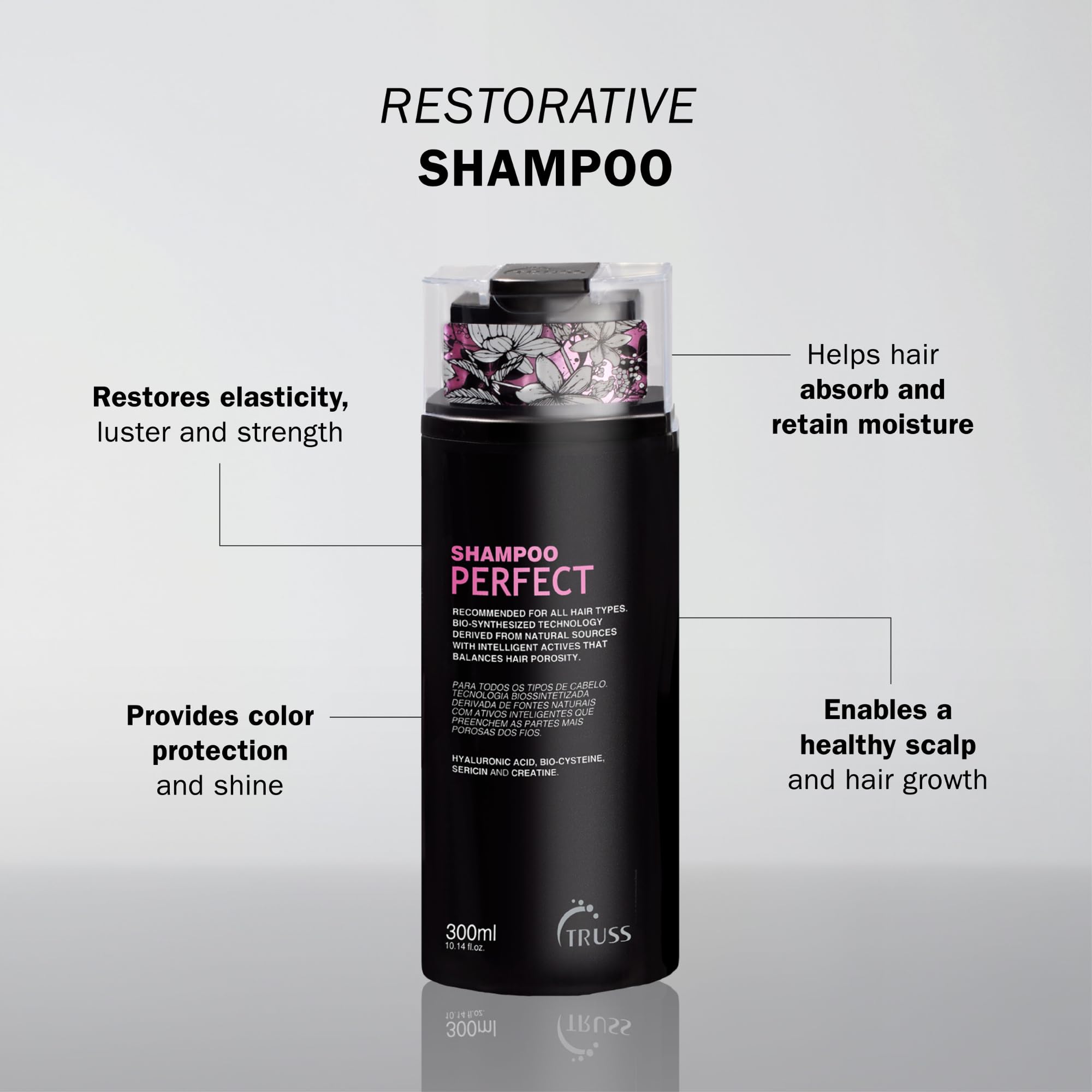 TRUSS Moisturizing Shampoo with hyaluronic acid boosts hydration and elasticity.