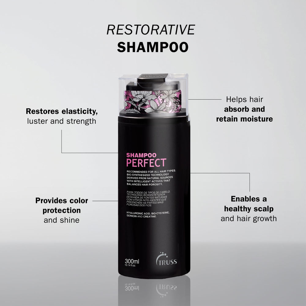 TRUSS Moisturizing Shampoo with hyaluronic acid boosts hydration and elasticity.