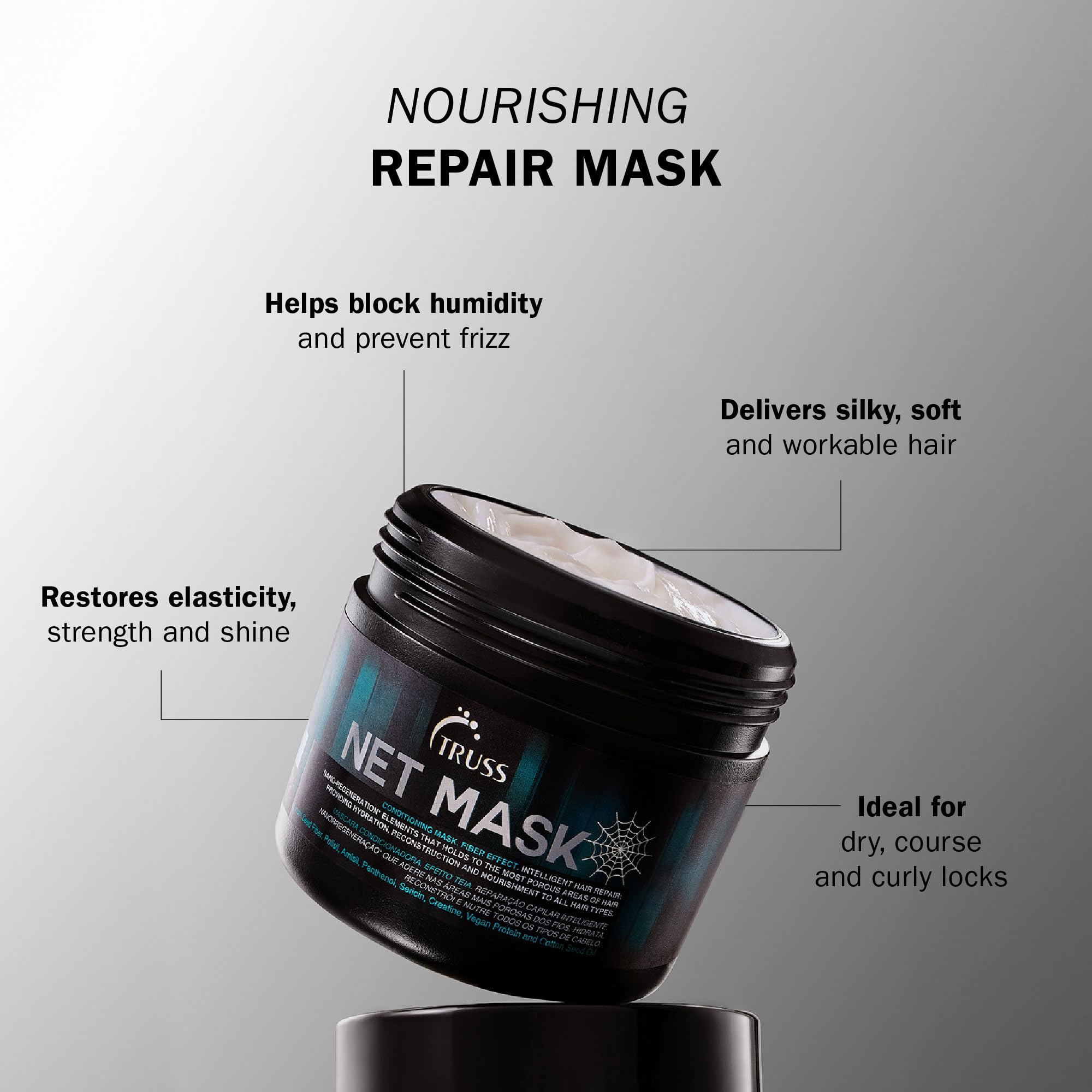 TRUSS Net Deep Conditioning Hair Mask ingredients panel with keratin and panthenol