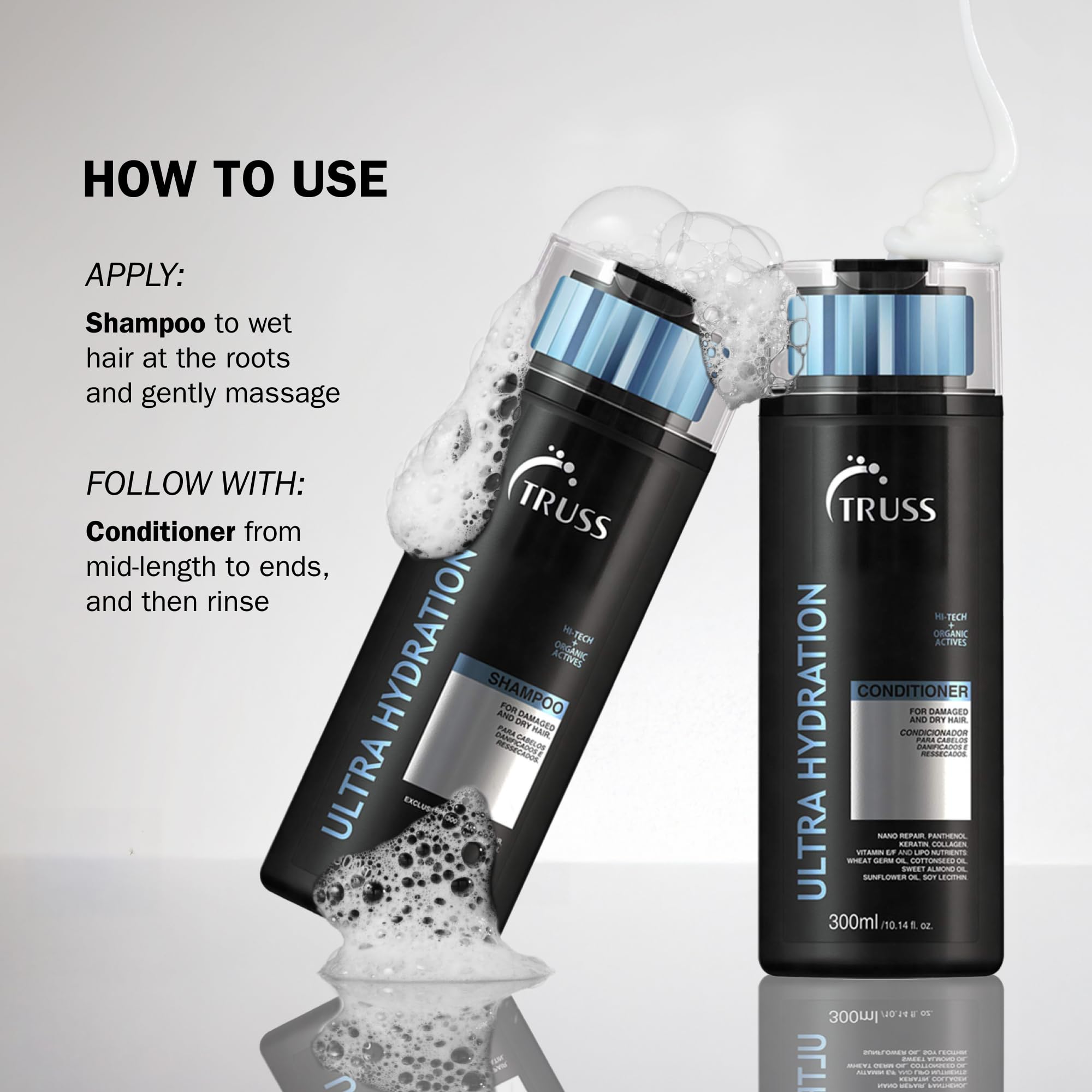 TRUSS Ultra Hydration shampoo lather closeup with rich foam for smooth cleansing.