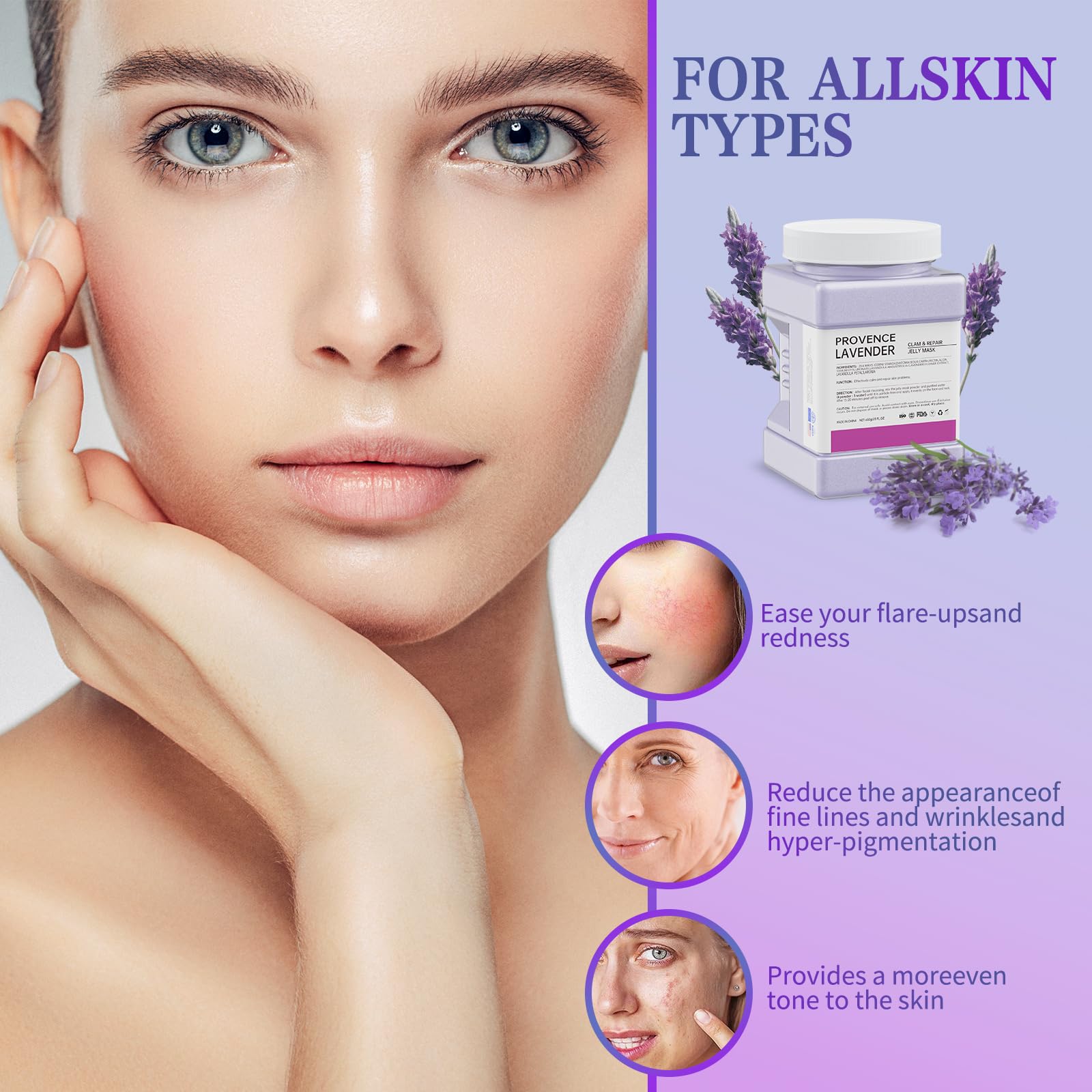 Truvenum lavender jelly mask on face during application provides hydrating feel.
