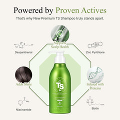 TS New Premium Shampoo label features biotin and zinc pyrithione ingredients