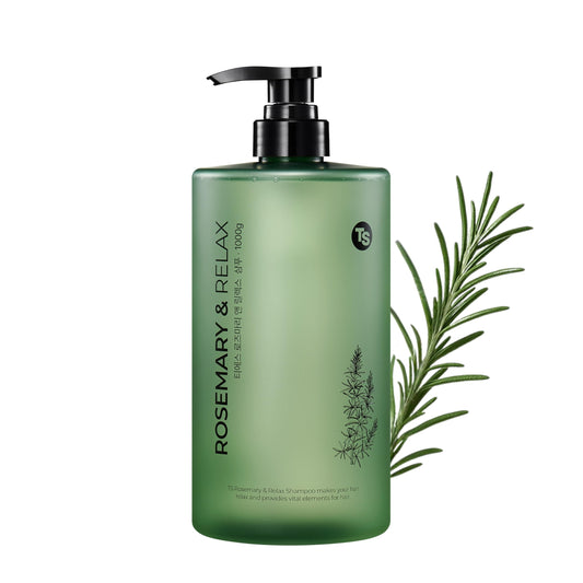 TS Rosemary & Relax Shampoo bottle front showing calming formula for sensitive scalps.