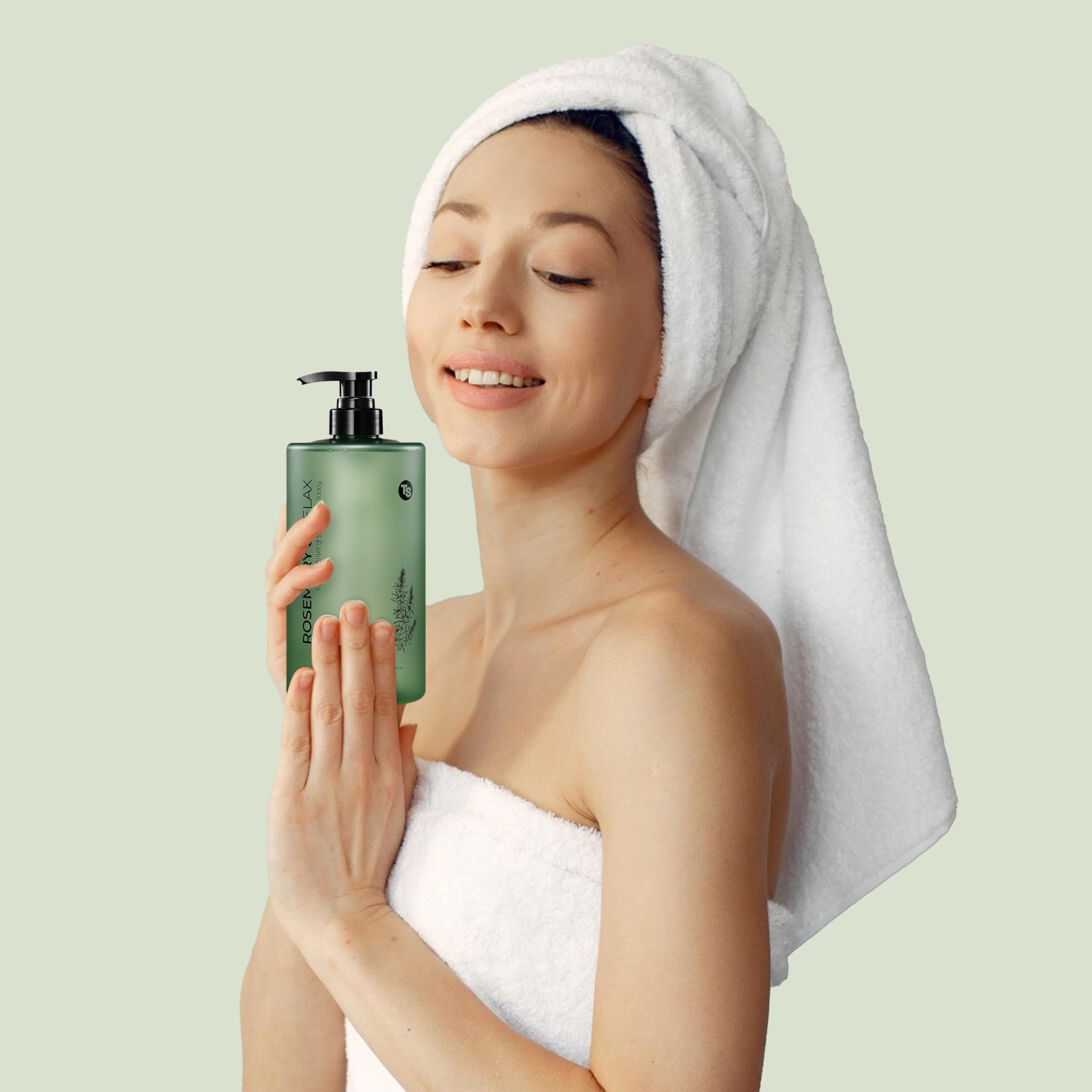 TS Rosemary & Relax shampoo lather shown as a gentle cleansing action.