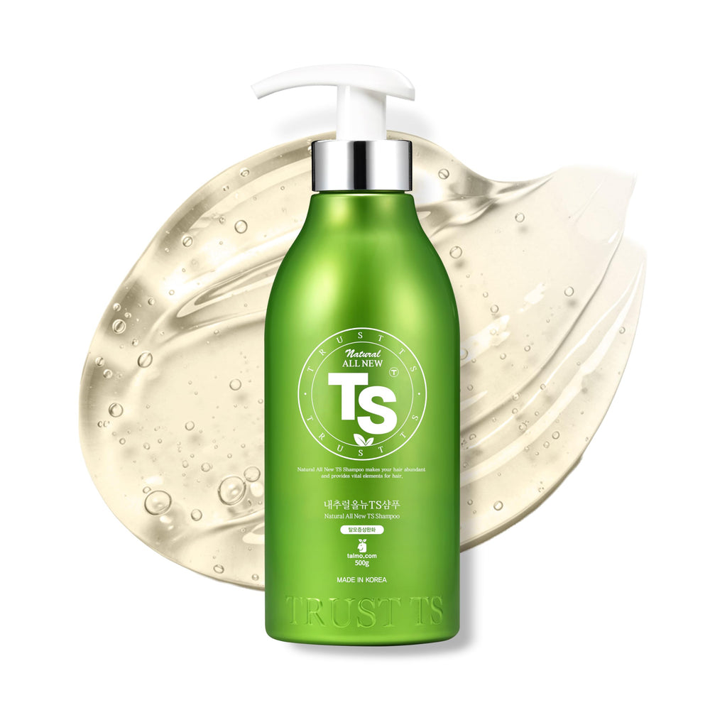 TS SHAMPOO bottle front, highlighting gentle cleansing for sensitive scalps.