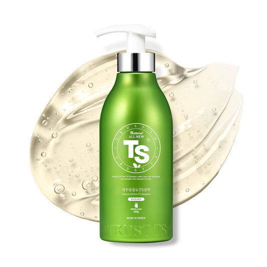 TS SHAMPOO bottle front, highlighting gentle cleansing for sensitive scalps.