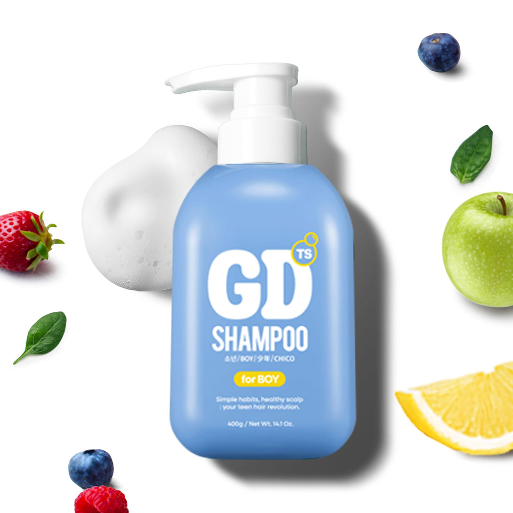 TS SHAMPOO GD bottle pour shows a gentle teen-friendly scalp care routine.