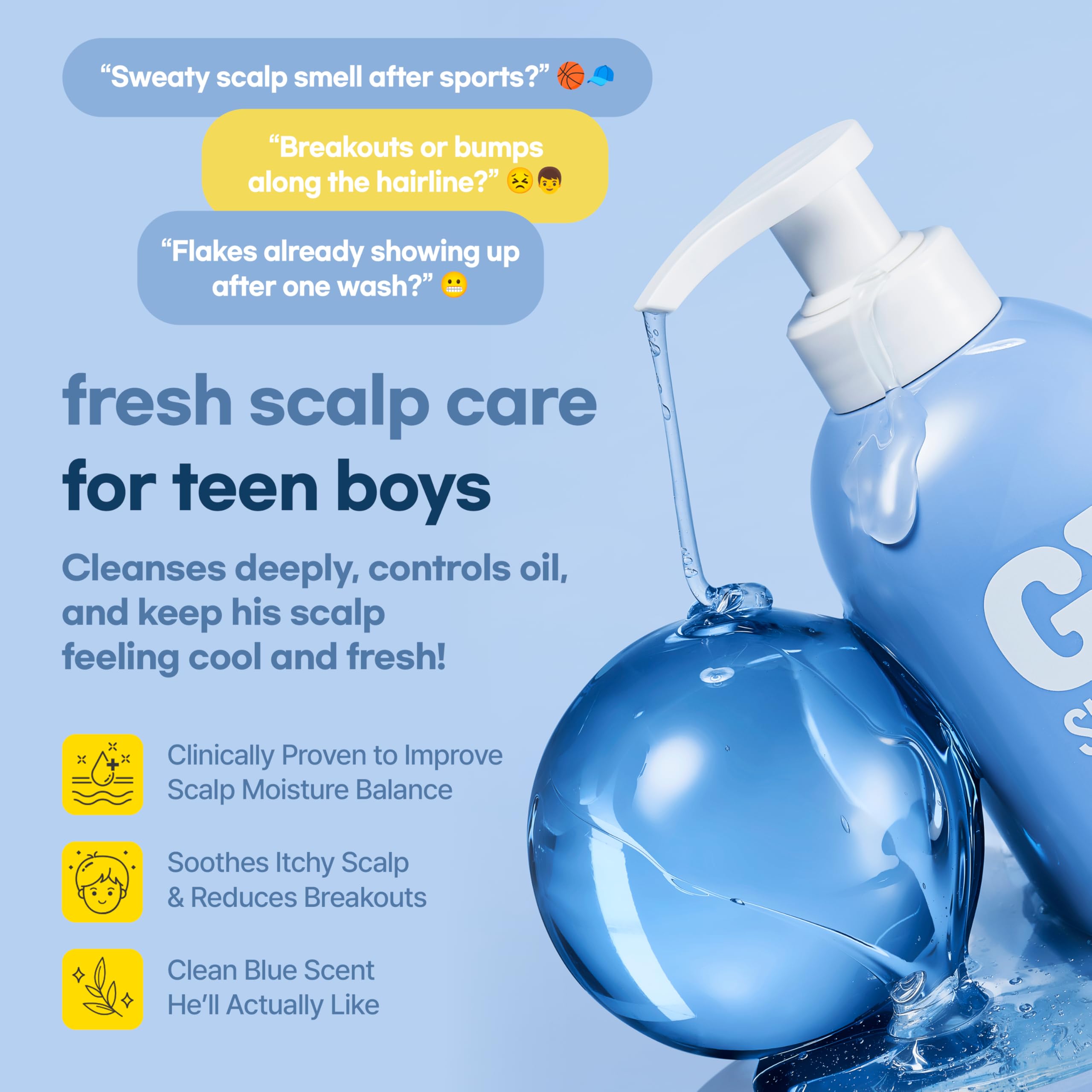 TS SHAMPOO GD front label highlights clean ingredients for sensitive teen skin.