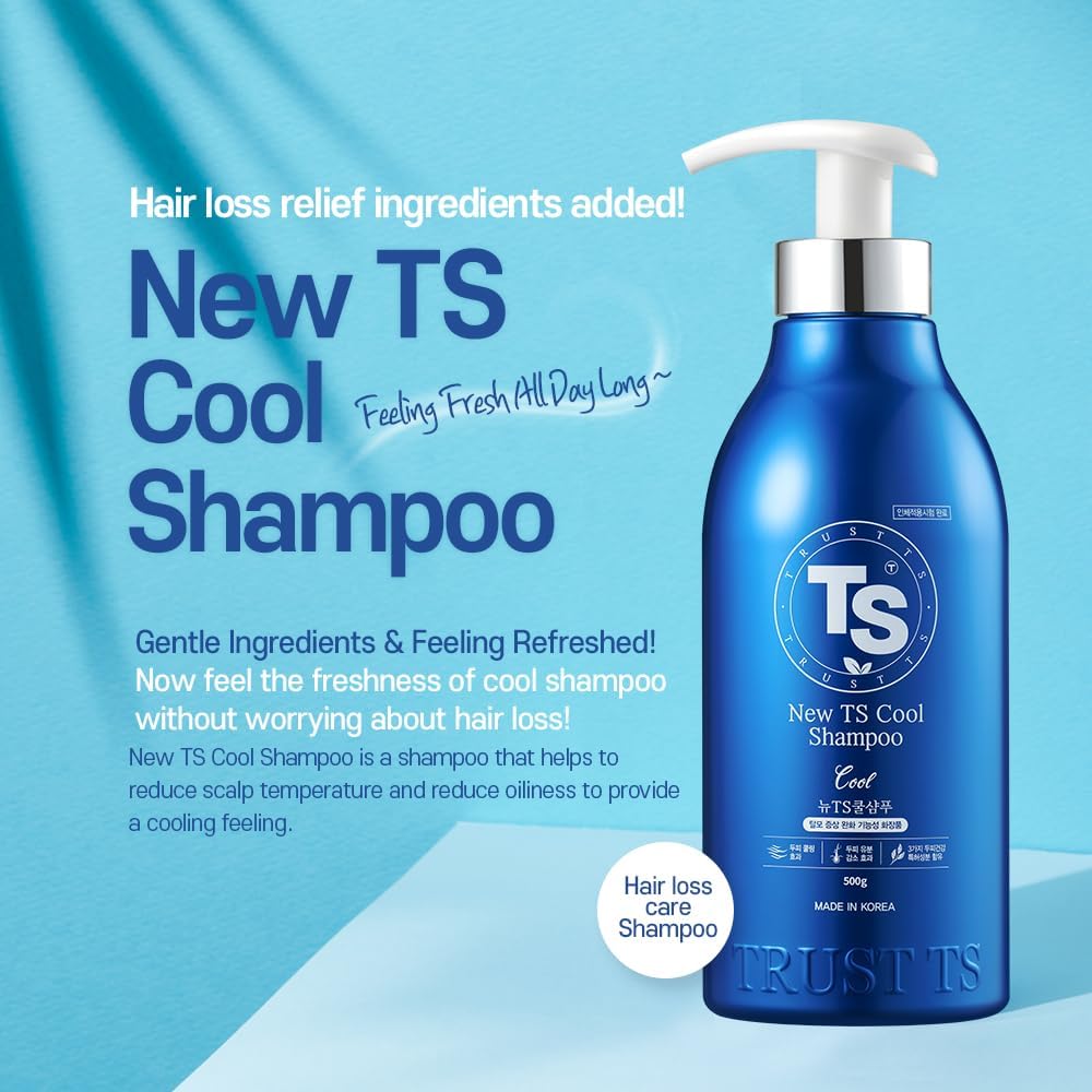 TS SHAMPOO New Cool bottle closeup highlights formula for oily scalps.