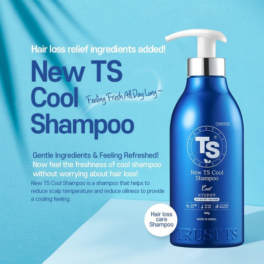 TS SHAMPOO New Cool bottle closeup highlights formula for oily scalps.