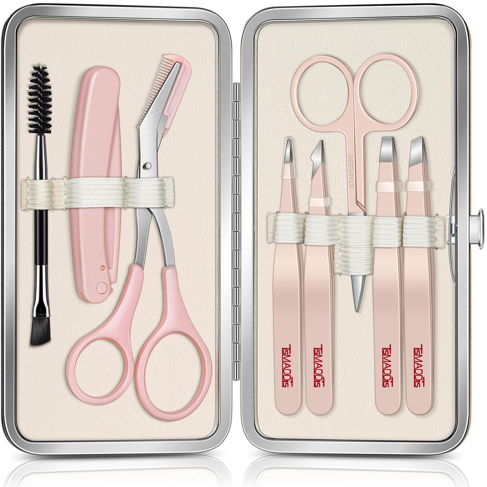 TsMADDTs 8-in-1 eyebrow kit in travel case for easy on-the-go grooming.