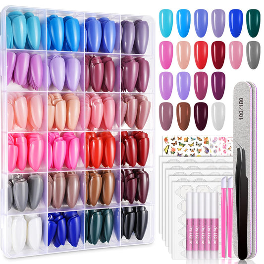 TsMADDTs almond press-on nails in a 24-color box for quick color coordination