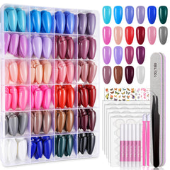 TsMADDTs almond press-on nails in a 24-color box for quick color coordination