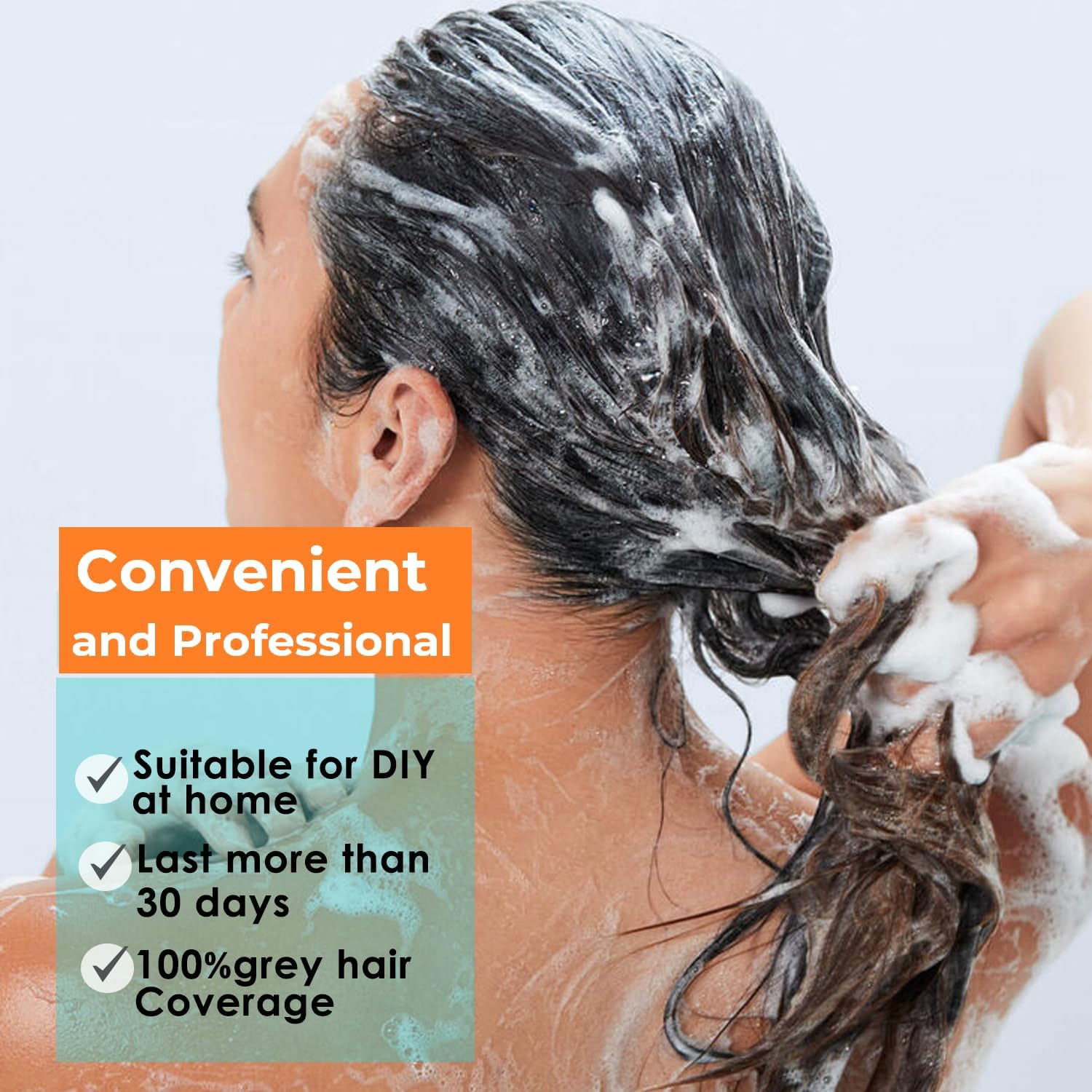 TSSPLUS dark brown shade shampoo demonstrates color and shine at home.