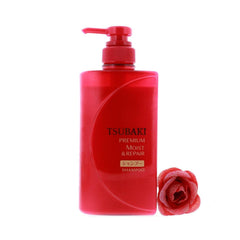 Tsubaki Premium Moist Shampoo label closeup highlighting camellia oil nourishment.