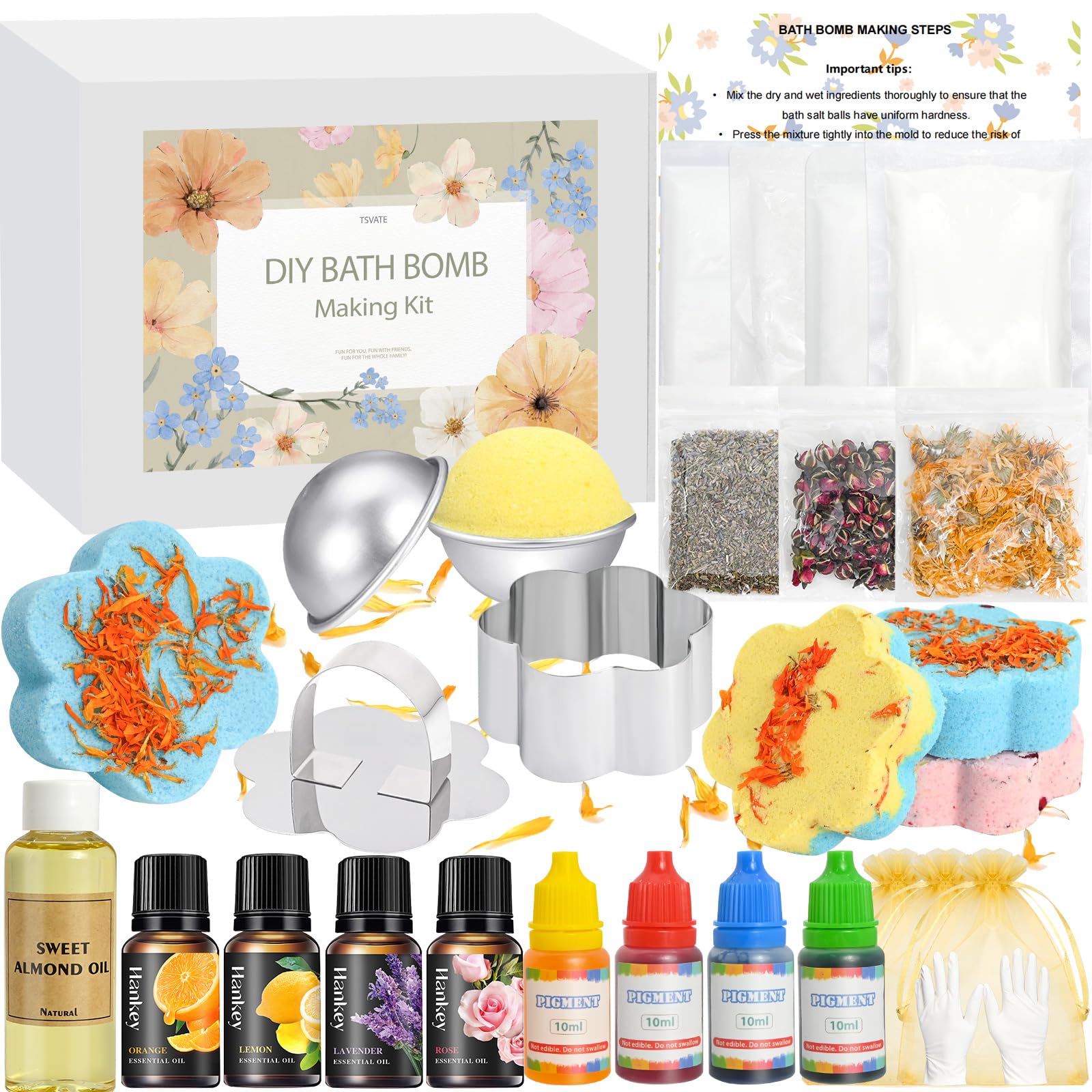 TSVATE bath bomb kit contents laid out for creative at-home crafting and inspiration