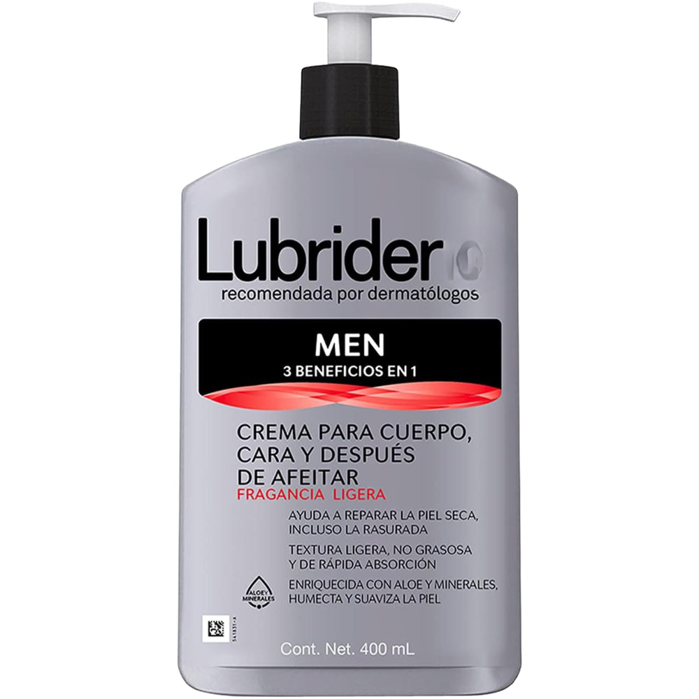 Tu Salud Plus Lubrider lotion bottle demonstrates all-in-one hydration for dry skin.
