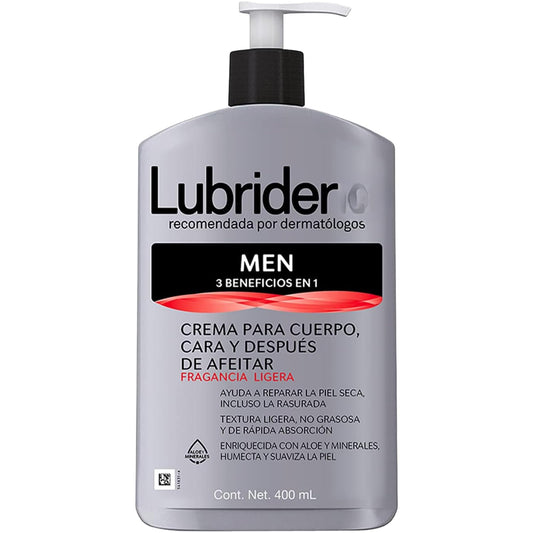 Tu Salud Plus Lubrider lotion bottle demonstrates all-in-one hydration for dry skin.