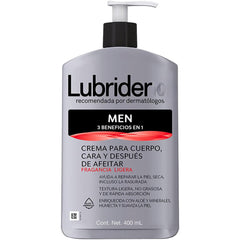 Tu Salud Plus Lubrider lotion bottle demonstrates all-in-one hydration for dry skin.