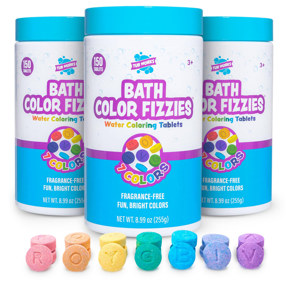 Tub Works Bath Color Fizzies canister front with vibrant tablets for kids' baths