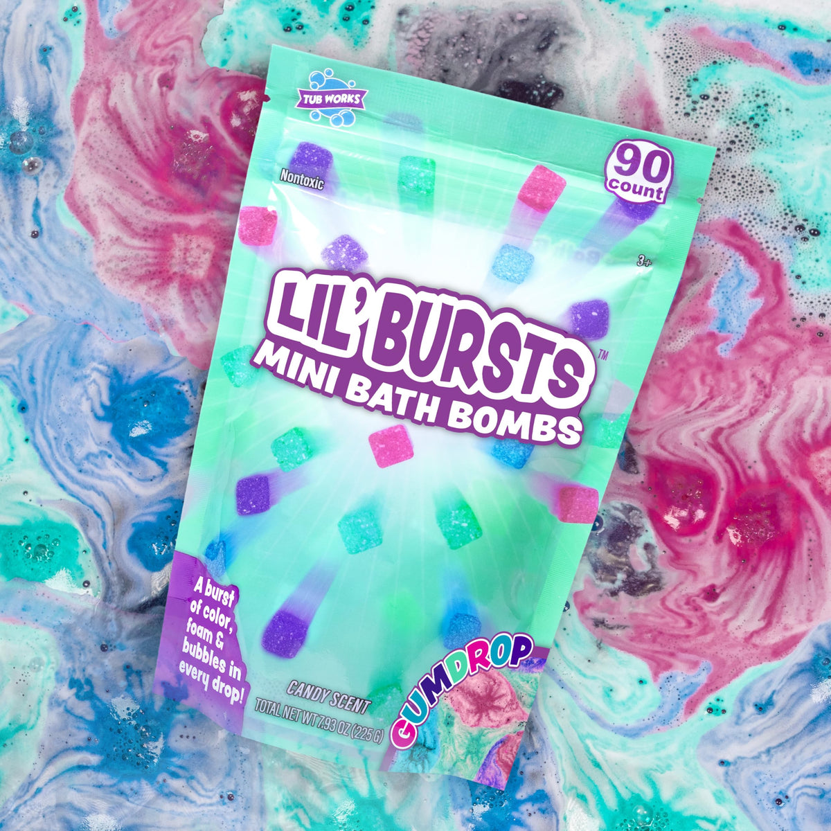 Tub Works Lil' Bursts gumdrop color bombs color the bath with bubbles.