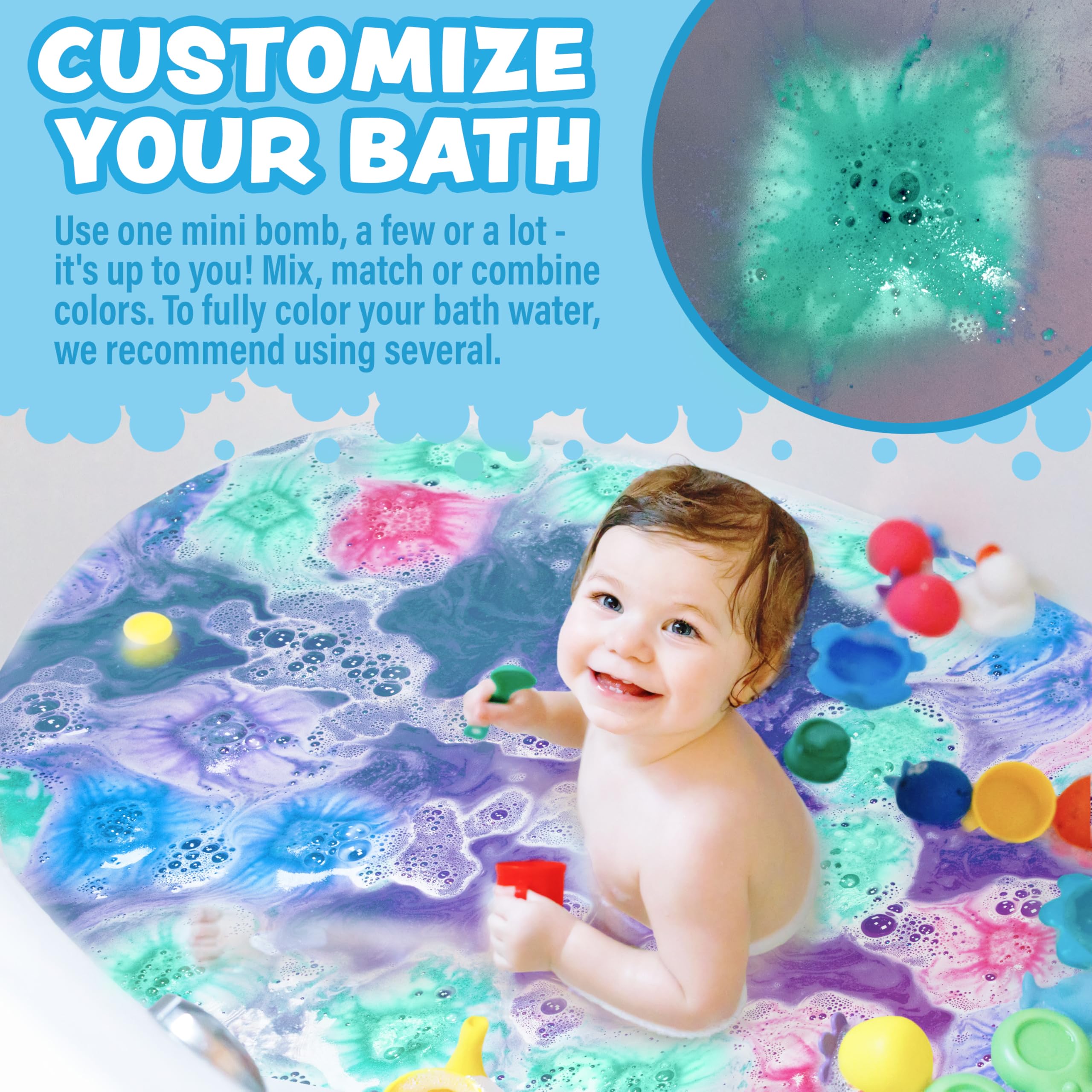 Tub Works Lil' Bursts rainbow colors create a candy-scented bath experience.