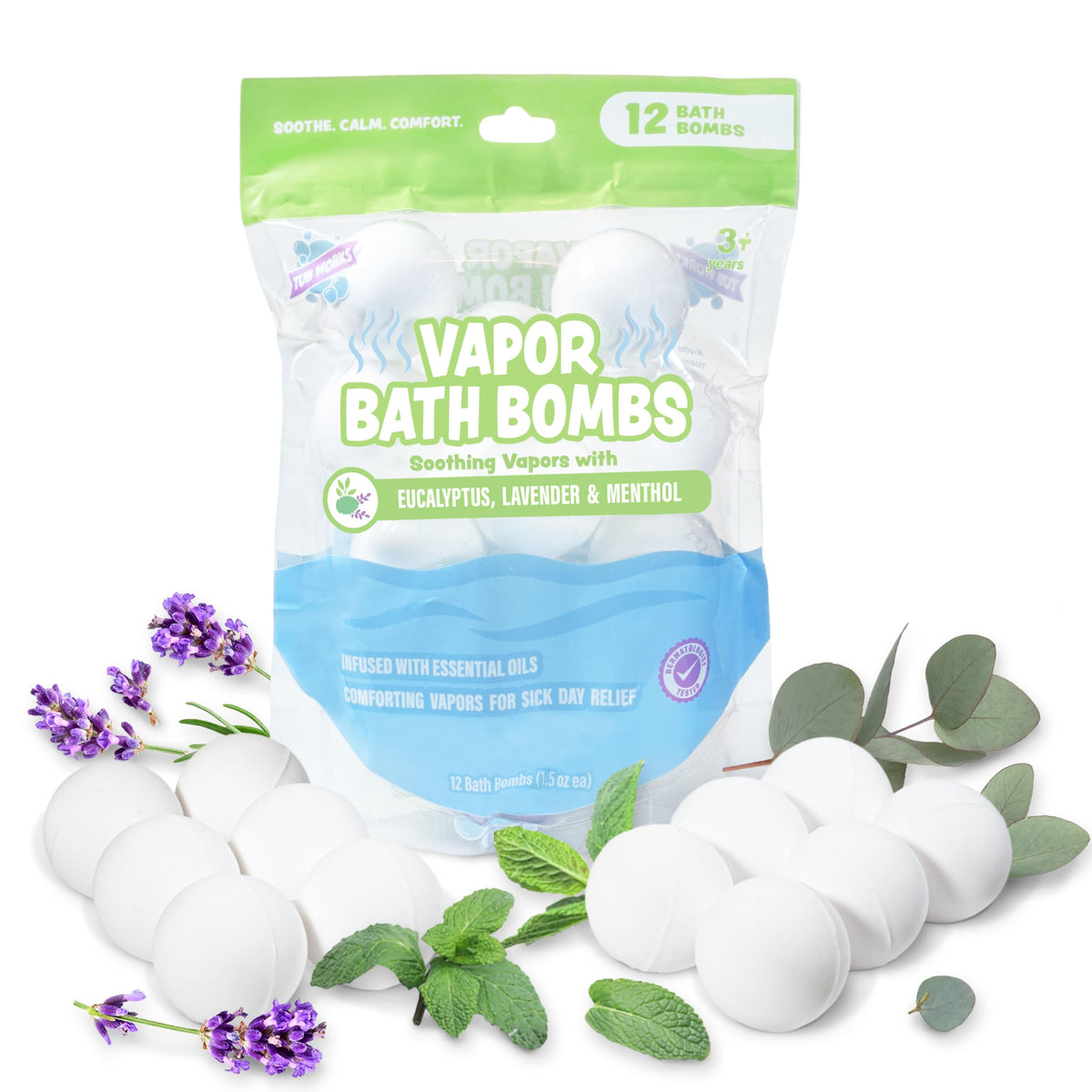 Tub Works Vapor Bath Bombs Pack 12 dissolving in warm water to release calming vapors