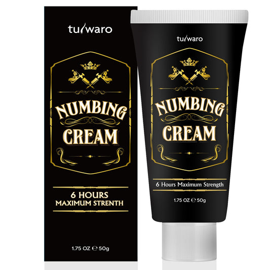 Tuiwaro Numbing Cream bottle close-up showing fast-acting relief for sessions