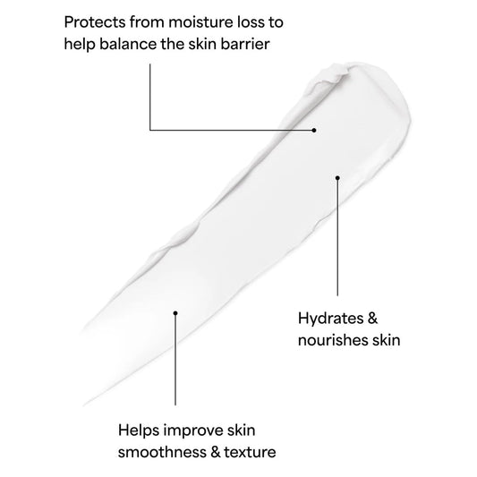 TULA Barrier Balance cream texture swatch illustrating rich, nourishing feel for dry skin comfort.