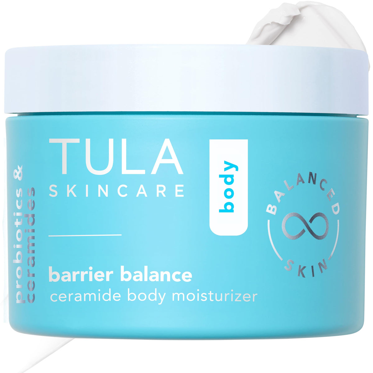 TULA Barrier Balance ceramide body moisturizer bottle showing all-day hydration support.