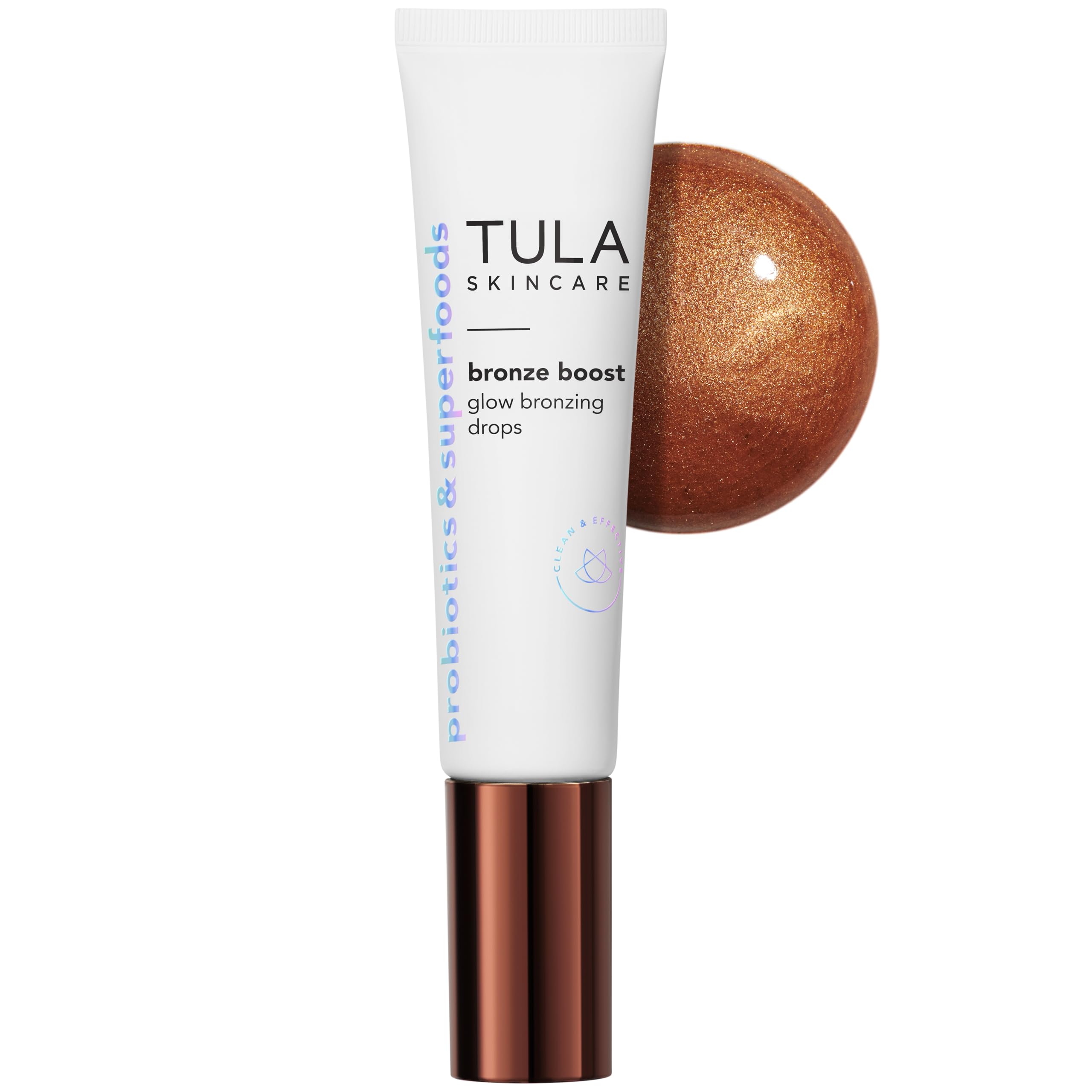 TULA Bronze Boost Glow bottle with pump for easy application and radiant finish.