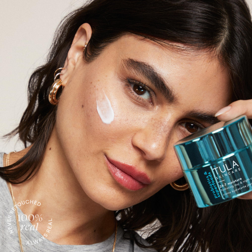 TULA Chrome moisturizer applied on skin under makeup