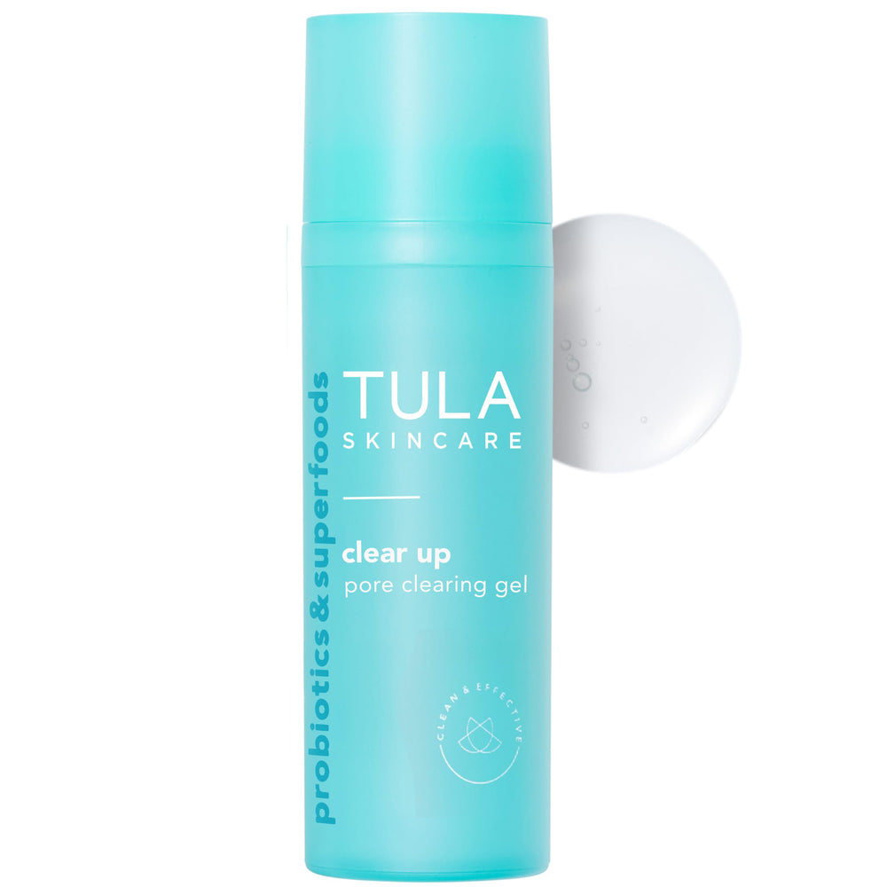 TULA Clear Up gel bottle closeup showing pore-clearing formula for smoother skin.