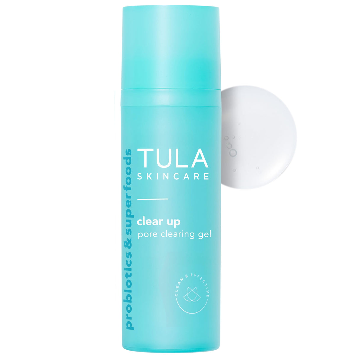 TULA Clear Up gel bottle closeup showing pore-clearing formula for smoother skin.