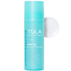 TULA Clear Up gel bottle closeup showing pore-clearing formula for smoother skin.