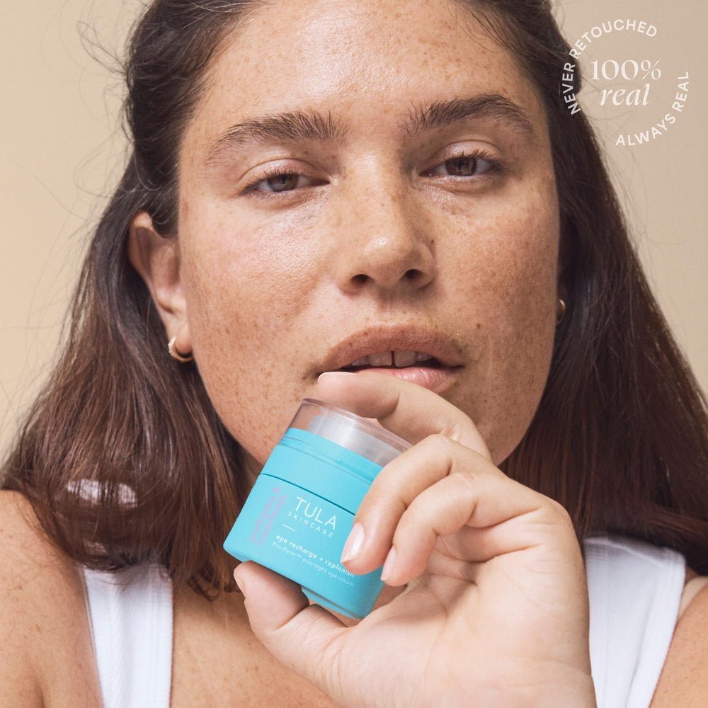 TULA Eye Recharge with botanicals and probiotics supports soothing care around the eyes.